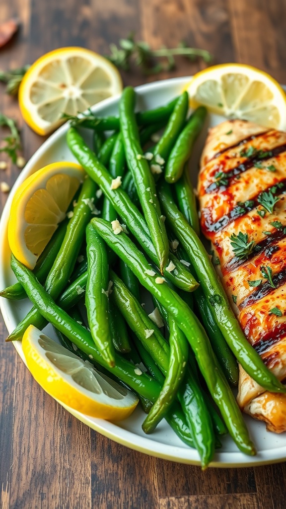 A plate of sautéed garlic green beans with minced garlic and lemon wedges, served with grilled chicken.
